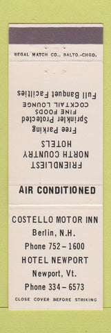 Matchbook Cover - Costello Motor Inn Berlin NH Hotel Newport VT