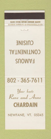 Matchbook Cover - Ray and Anne Chardain Restaurant Newfane VT