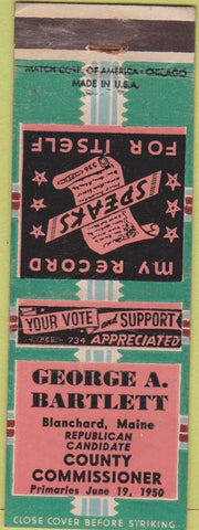 Matchbook Cover - George Bartlett Commissioner Blanchard ME