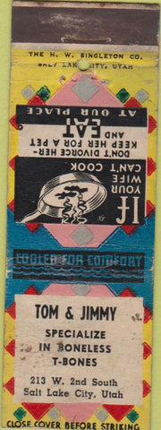 Matchbook Cover - Tom  and  Jimmy Steaks Salt Lake City UT POOR