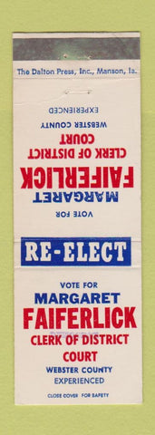 Matchbook Cover - Margaret Faiferlick Clerk Election Webster County IA WEAR