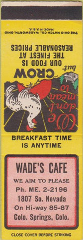 Matchbook Cover - Wade's Cafe Colorado Springs CO SAMPLE