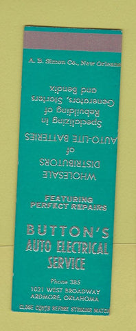 Matchbook Cover - Button's Auto Electrical Ardmore OK SAMPLE low phone #