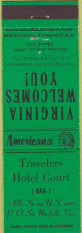 Matchbook Cover - Travelers Hotel Court South Norfolk VA