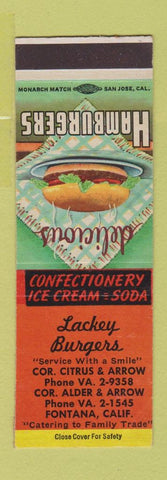 Matchbook Cover - Lackey Burgers Fontana CA SAMPLE