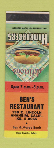 Matchbook Cover - Ben's Restaurant Anaheim CA SAMPLE