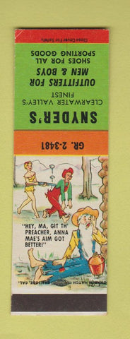 Matchbook Cover - Snyder's Men's Clothes Sporting Goods Hillbilly SAMPLE