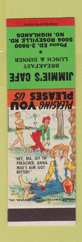 Matchbook Cover - Jimmie's Cafe North Highlands CA Hillbilly SAMPLE