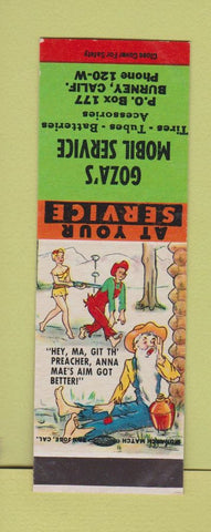 Matchbook Cover - Goza's Mobil oil gas Burney CA low phone # Hillbilly SAMPLE