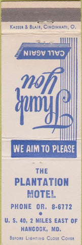Matchbook Cover - Plantation Motel Hancock MD Kaeser