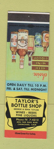 Matchbook Cover - Taylor's Bottle Shop Liquor Carmichael CA SAMPLE