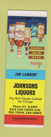 Matchbook Cover - Johnsons Liquors San Diego CA SAMPLE