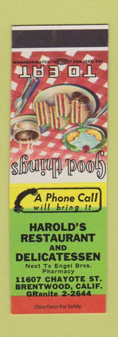 Matchbook Cover - Harold's Restaurant Deli Brentwood CA SAMPLE