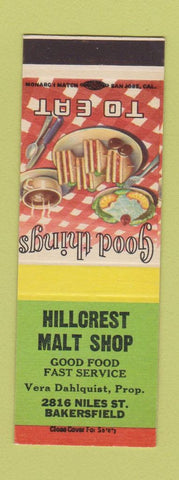 Matchbook Cover - Hillcrest Malt Shop Bakersfield CA SAMPLE