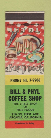 Matchbook Cover - Bill and Phyl Coffee Shop Arcadia CA SAMPLE