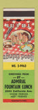 Matchbook Cover - Admiral Fountain Lunch CA? SAMPLE