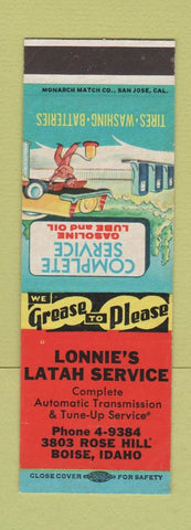 Matchbook Cover - Lonnie's Latah Service oil gas Boise ID SAMPLE