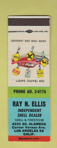 Matchbook Cover - Ray Ellis Shell oil gas Firestone Tires Los Angeles CA SAMPLE