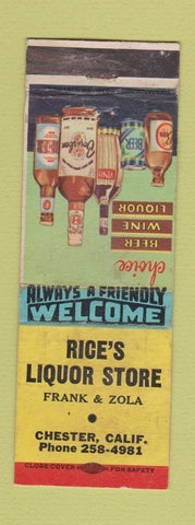 Matchbook Cover - Rice's Liquor Store Chester CA WEAR