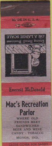 Matchbook Cover - Mac's Recreation Monon IN 1930s