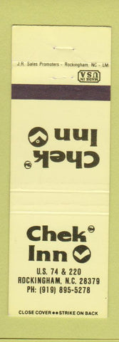 Matchbook Cover - Check Inn Rockingham NC NEON YELLOW