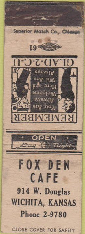 Matchbook Cover - Fox Den Cafe Wichita KS POOR