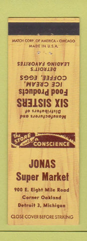 Matchbook Cover - Six Sisters Food Products Jonas Super Market Detroit MI