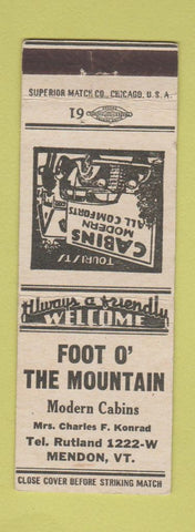 Matchbook Cover - Foot O The Mountain Cabins Mendon VT low phone #