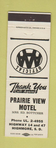 Matchbook Cover - Prairie View Motel Highmore SD