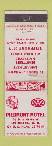 Matchbook Cover - Piedmont Motel Lexington NC WORN