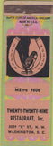 Matchbook Cover - Twenty Twenty Nine Restaurant Washington DC