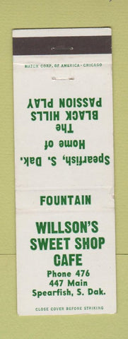 Matchbook Cover - Willson's Sweet Shop Cafe Spearfish SD low phone #