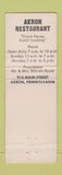 Matchbook Cover - Akron Restaurant Akron PA