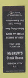 Matchbook Cover - McGrew's Steak House Gibson City IL low phone #