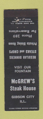Matchbook Cover - McGrew's Steak House Gibson City IL low phone #