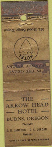 Matchbook Cover - Arrow Head Hotel Burns OR POOR