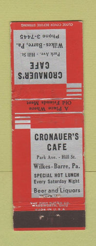 Matchbook Cover - Cronauer's Cafe Wilkes Barre PA WORN