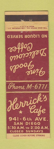 Matchbook Cover - Herrick's Cafe San Diego CA