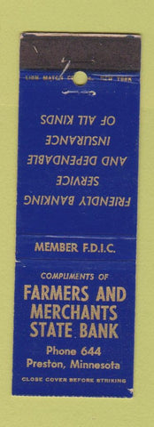 Matchbook Cover - Farmers and Merchants State Bank Preston MN low phone #