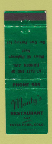 Matchbook Cover - Monty's Restaurant Estes Park Colorado low phone # WEAR