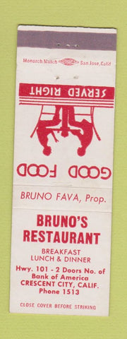 Matchbook Cover - Bruno's Restaurant Crescent City CA low phone #