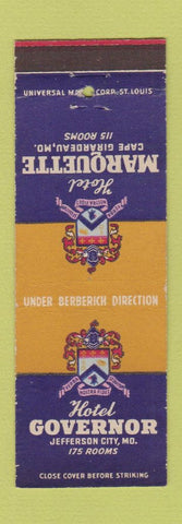 Matchbook Cover - Hotels Governor Marquette Jefferson City Cape Girardeau MO