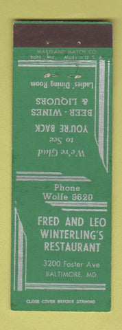 Matchbook Cover - Fred and Leo Winterling's Restaurant Baltimore MD