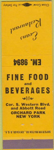 Matchbook Cover - Evans Restaurant Orchard Park NY