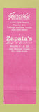 Matchbook Cover Zapata's Cafe Cantina Mexican Food College Station San Marcos CA