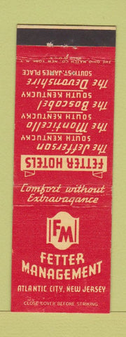 Matchbook Cover - Fetter Hotels Atlantic City NJ