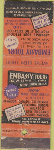 Matchbook Cover - Embassy Tours New York City tourism