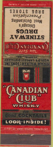 Matchbook Cover - Canadian Club Whisky Stineway Drugs Chicago CREASES