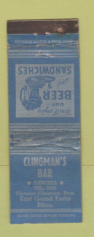 Matchbook Cover - Clingman's Bar East Grand Forks MN ADVANCE WORN