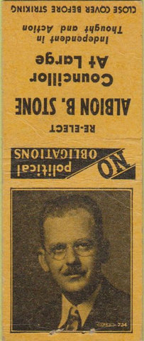 Matchbook Cover - Albion Stone Councillor At Large NO TOWN BOBTAIL